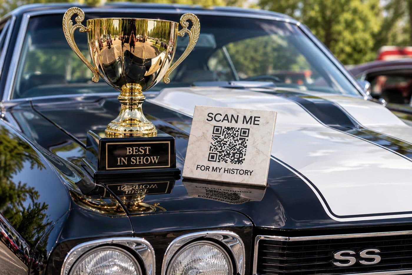 A History Stone on the hood of a classic muscle car next to a Best in Show trophy