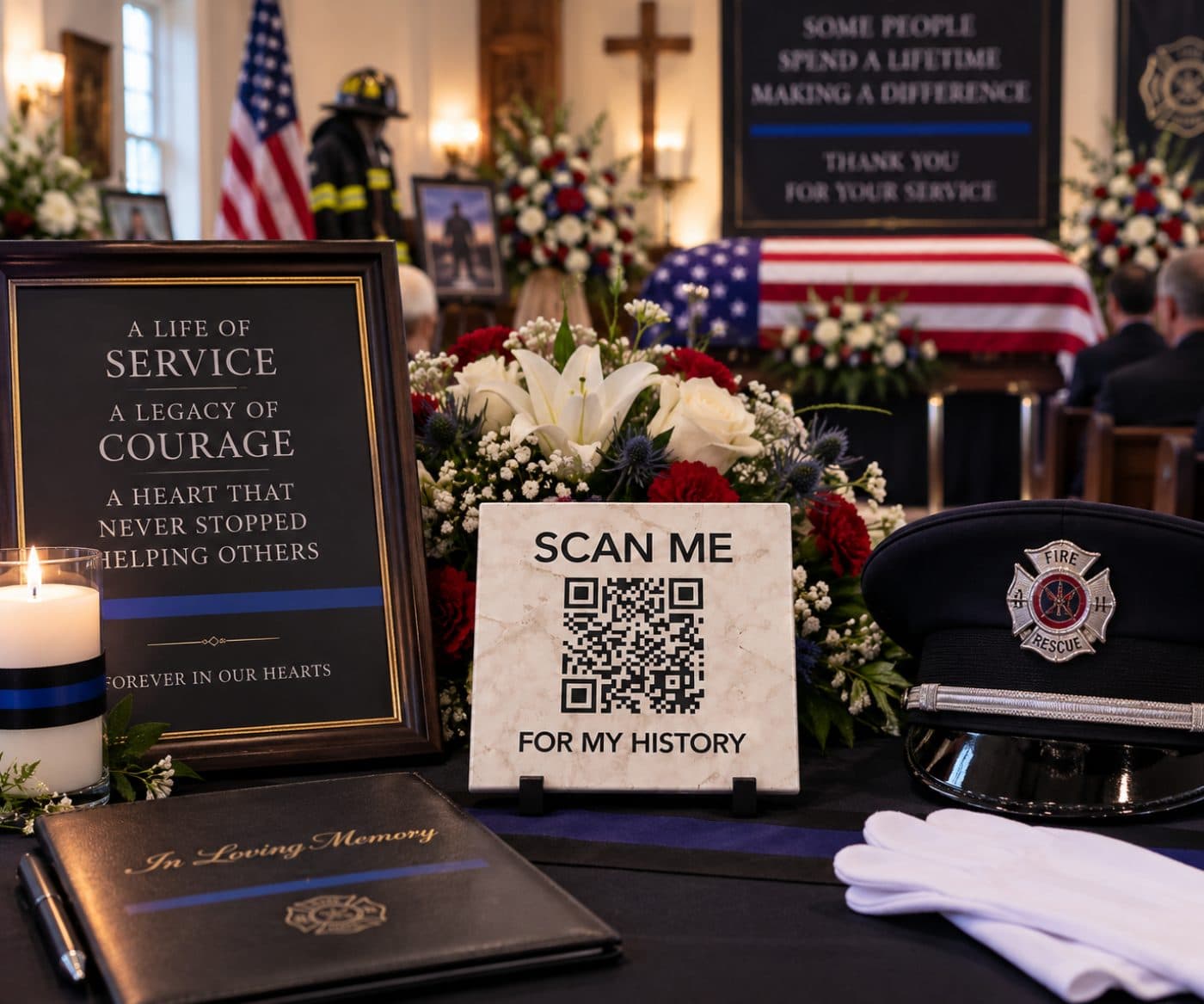 A History Stone on a memorial table beside a fire service dress cap and white honor guard gloves
