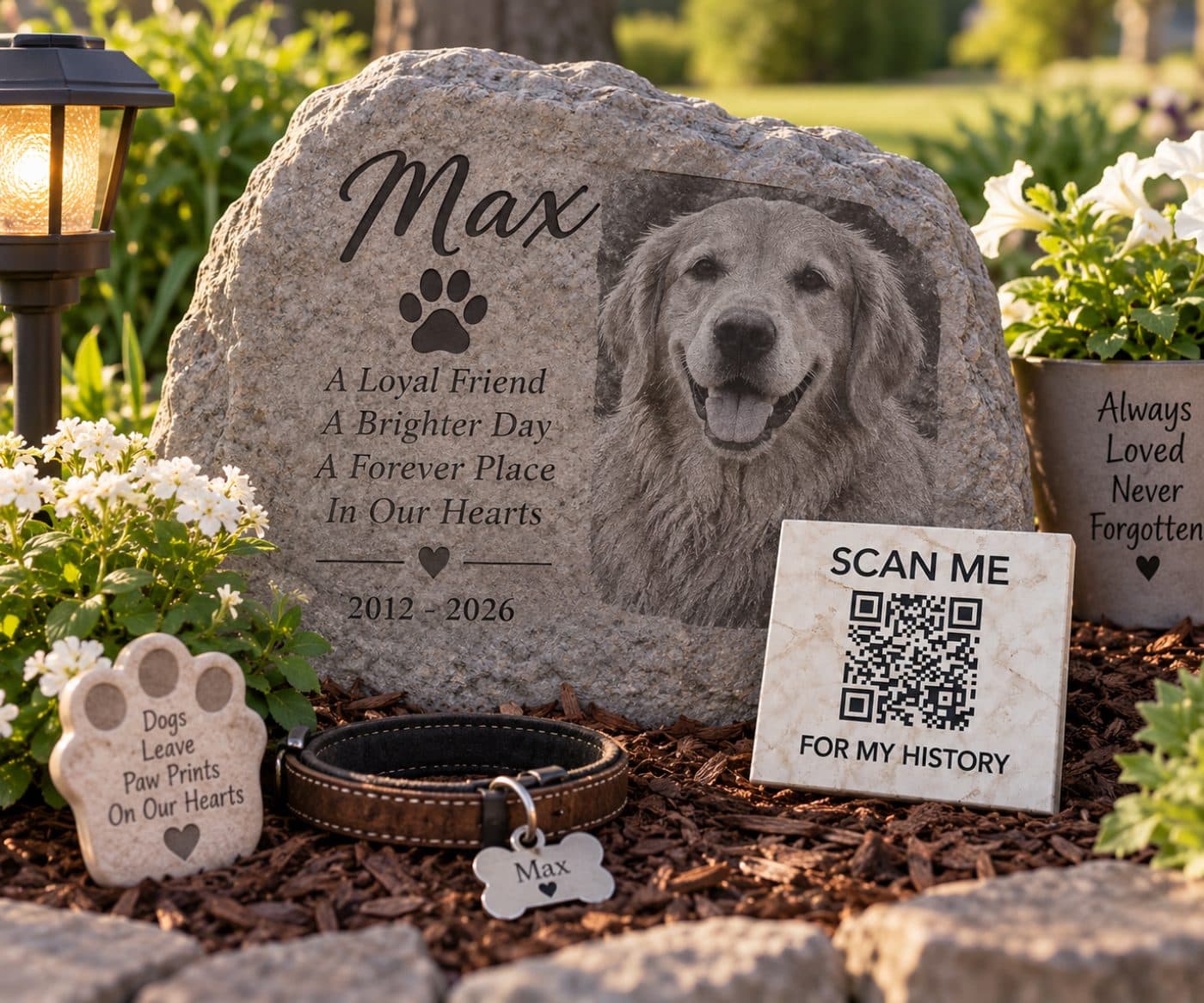 A History Stone set in a garden beside a dog collar and a memorial stone for a golden retriever named Max