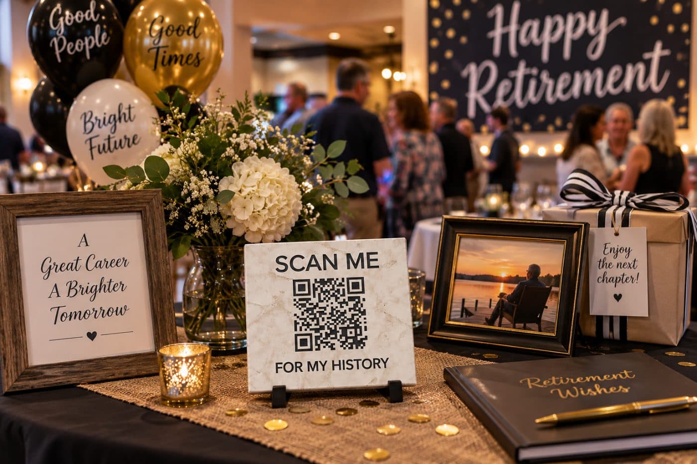 A History Stone on a retirement party table with balloons and a guest book