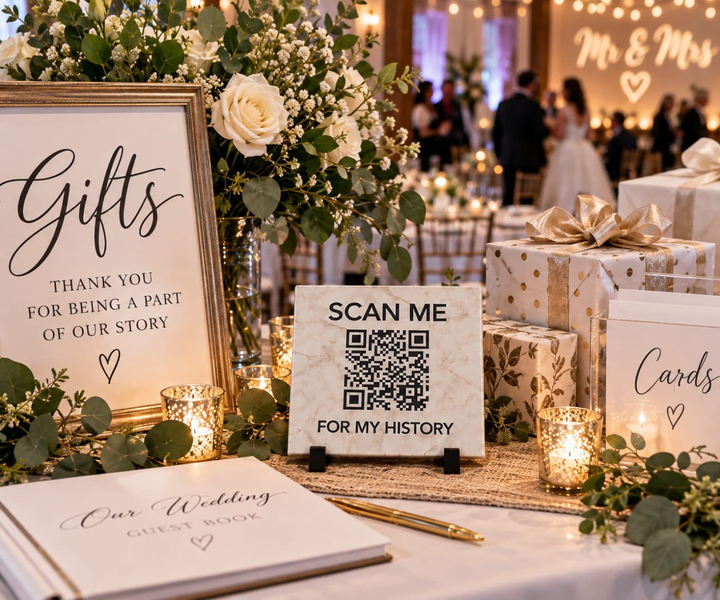 A History Stone on a wedding gift table beside a guest book and flowers